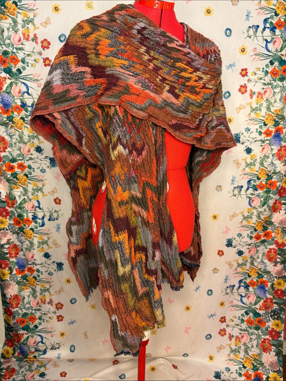 World Market - Cotton & Wool Multicolor Zigzag Knit Poncho Open One Size